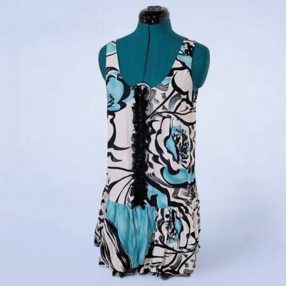 Kensie SIlk & Linen Shift Dress with Ruffle and Sequin Accents - Size 8 - Picture 1 of 10